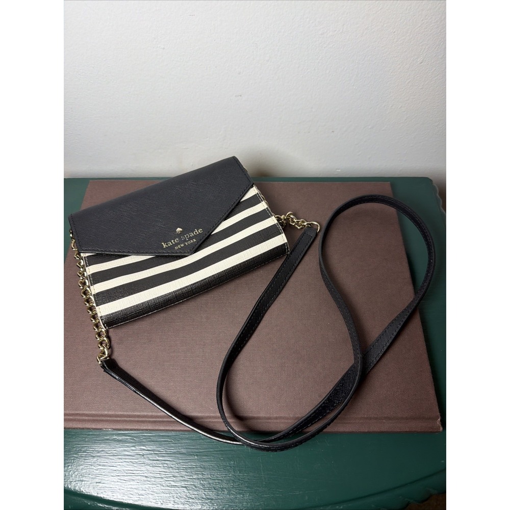 Kate Spade New York Black White Striped Crossbody Purse Gold Tone Chain City - Picture 1 of 13
